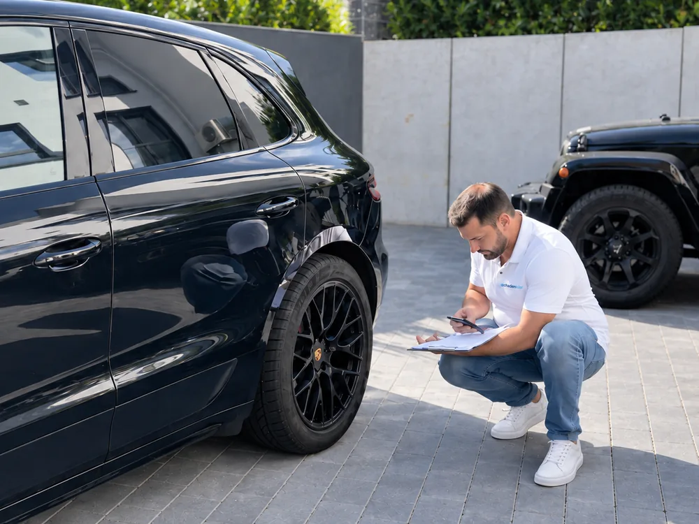 Kfz-Sachverständiger bei der Schadenaufnahme am Fahrzeug